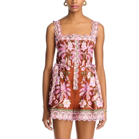 FARM Rio Palm Dream Euroflax Pleated Romper, Brown/Pink, NWT 🇧🇷 - Picture 1 of 16